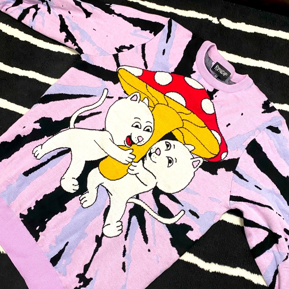 Trippy Rip N Dip Cat Mushroom Sweater from Dolls Kill